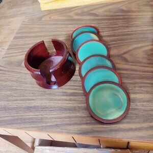 Emerald Green Agate Coasters from Brazil with a Cedarwood Holder from the Amazon